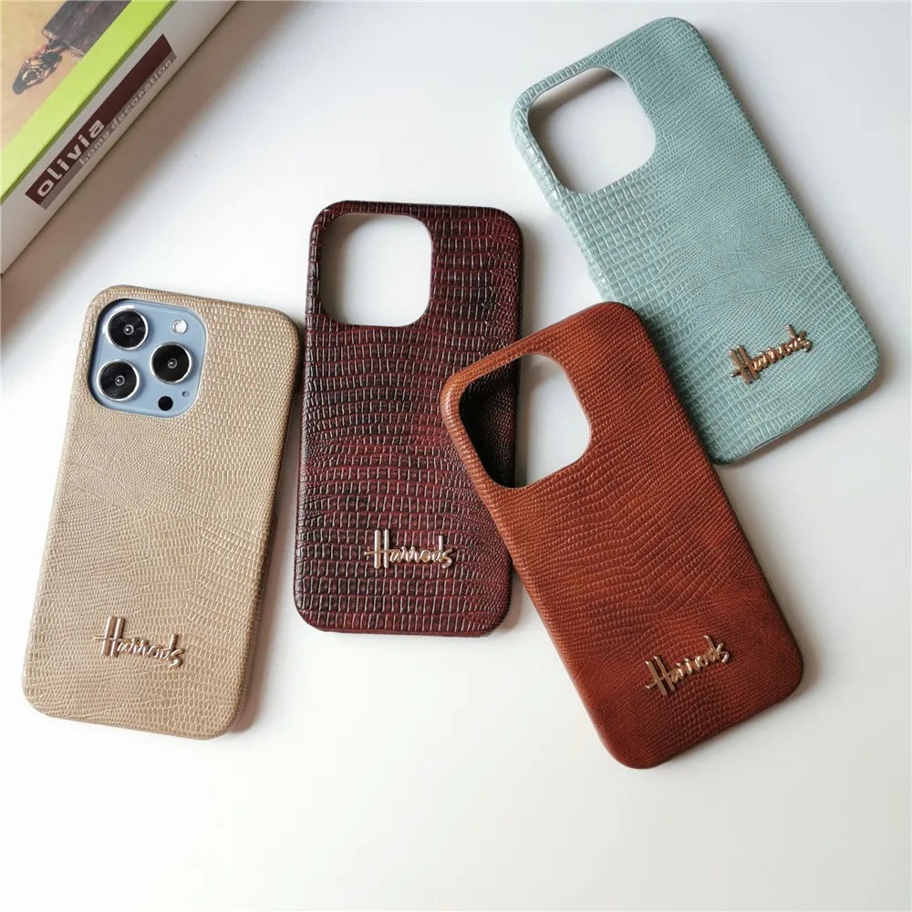 Luxury Lizard Skin Leather iPhone Case – Elegant Hard Shell Cover for iPhone 12 to 16 Pro Max