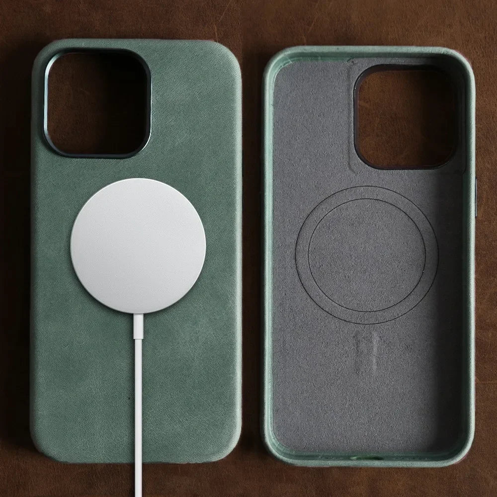 MagSafe Leather Case – Genuine Leather Magnetic Cover for iPhone 13 to iPhone 16 Pro Max