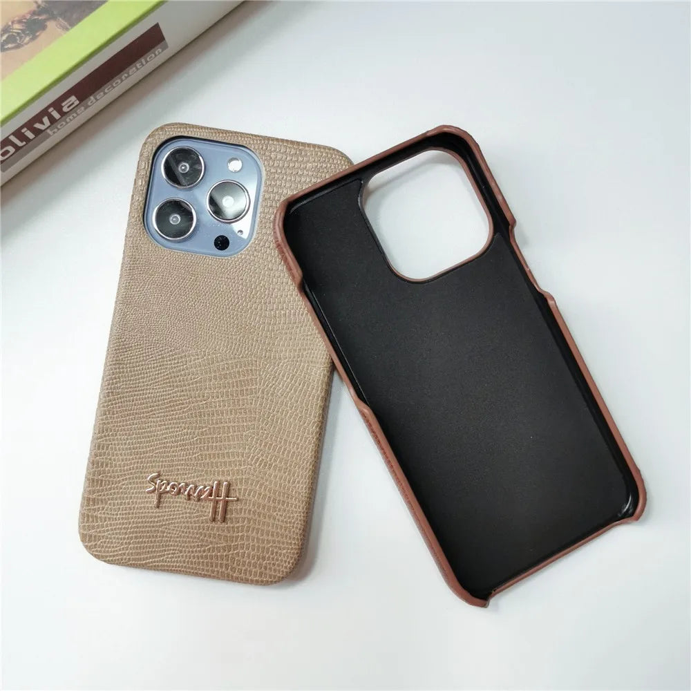 Luxury Lizard Skin Leather iPhone Case – Elegant Hard Shell Cover for iPhone 12 to 16 Pro Max