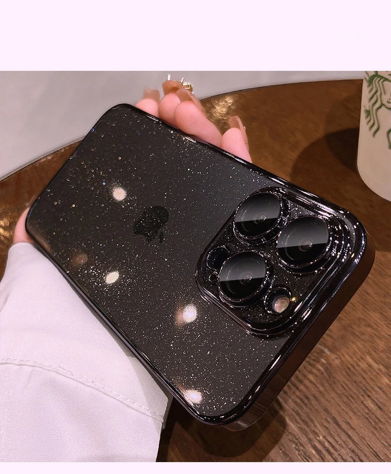 Luxury Bling Transparent iPhone Case – Glitter Plated Shockproof Hard Cover for iPhone 12–16 Pro Max