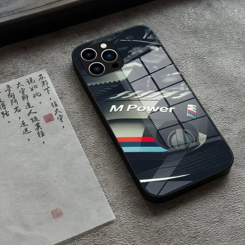 BMW Sports Series Tempered Glass iPhone Case – Premium Shockproof Cover for iPhone 12 to 16 Pro Max