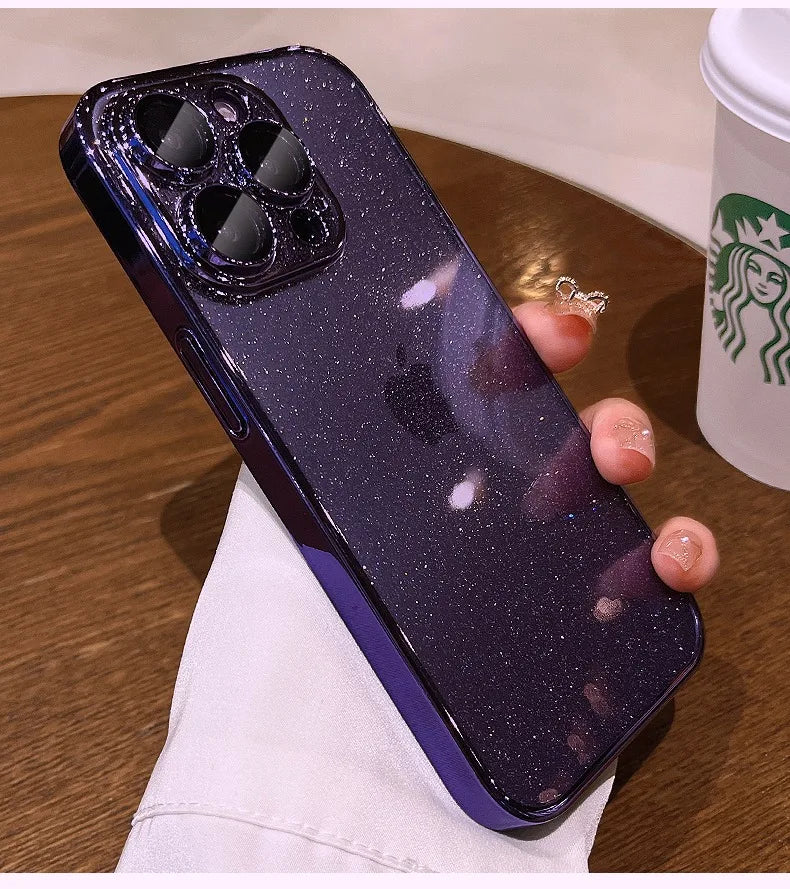Luxury Bling Transparent iPhone Case – Glitter Plated Shockproof Hard Cover for iPhone 12–16 Pro Max