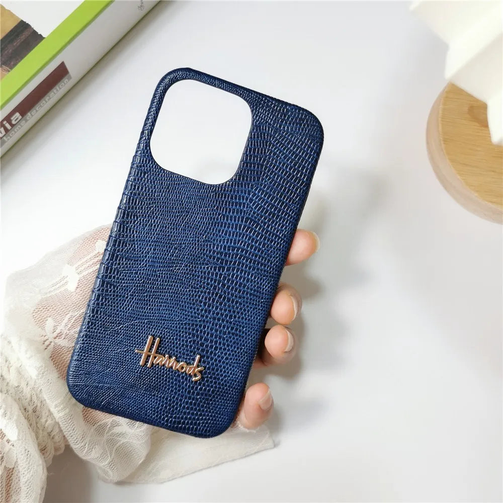 Luxury Lizard Skin Leather iPhone Case – Elegant Hard Shell Cover for iPhone 12 to 16 Pro Max