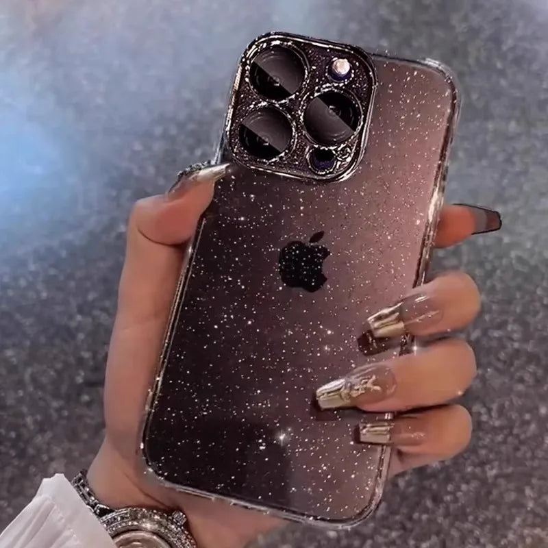 Luxury Bling Transparent iPhone Case – Glitter Plated Shockproof Hard Cover for iPhone 12–16 Pro Max