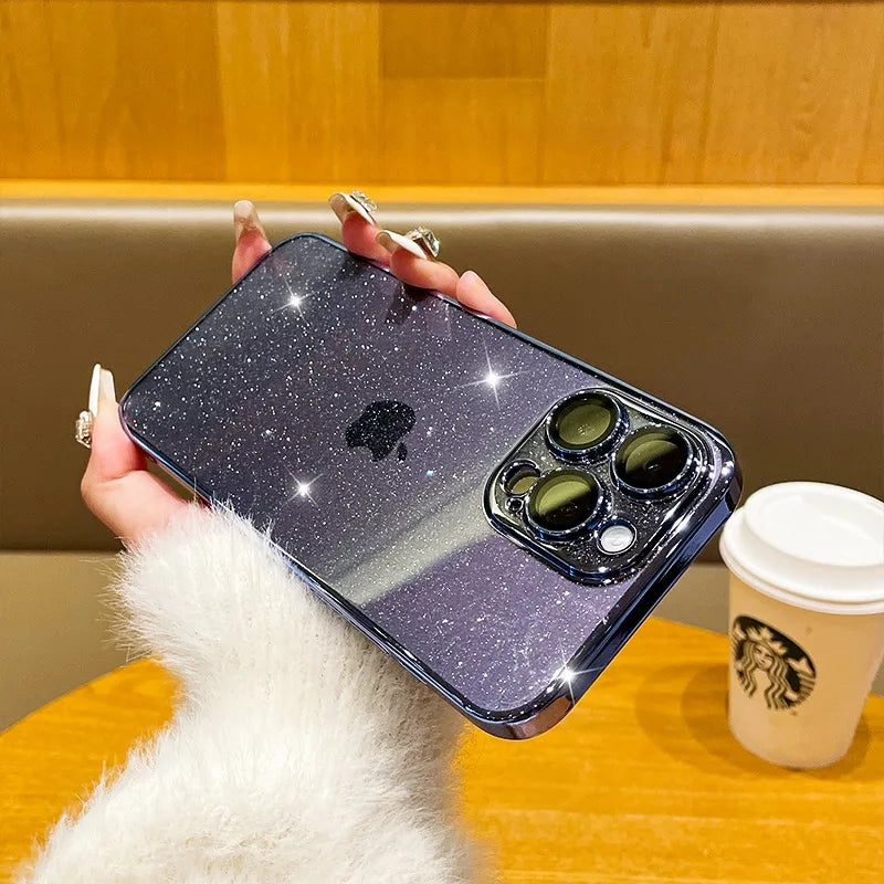 Luxury Bling Transparent iPhone Case – Glitter Plated Shockproof Hard Cover for iPhone 12–16 Pro Max