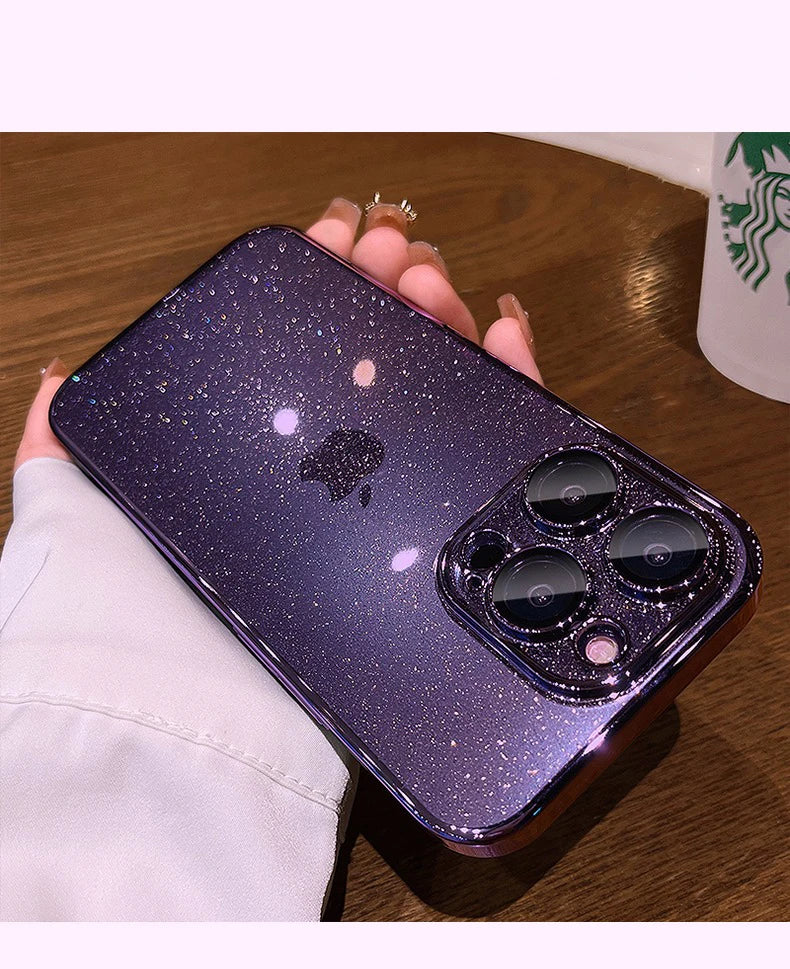 Luxury Bling Transparent iPhone Case – Glitter Plated Shockproof Hard Cover for iPhone 12–16 Pro Max