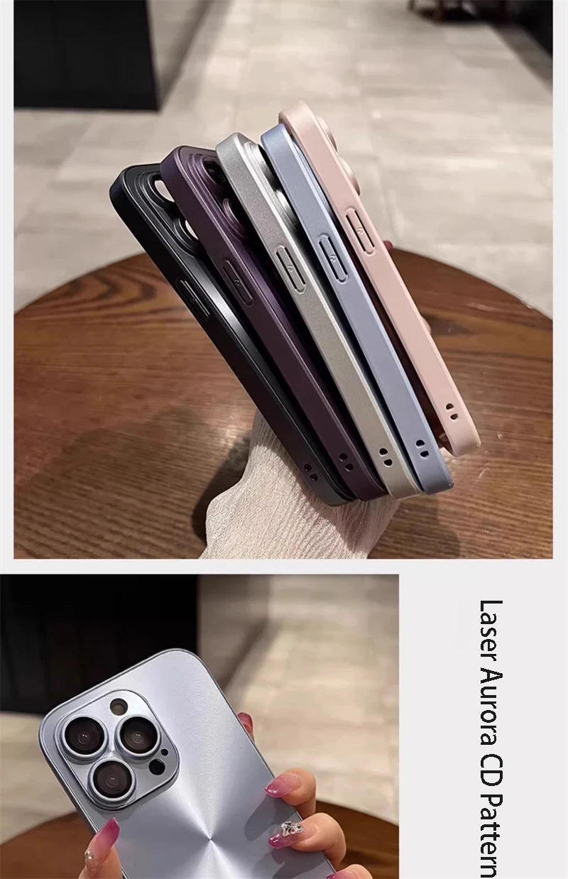 Luxury Laser Aurora iPhone Case – Matte CD Pattern Shockproof Armor Cover (iPhone 12–16)