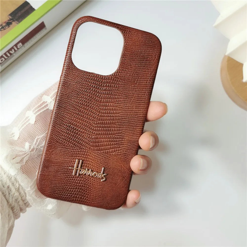 Luxury Lizard Skin Leather iPhone Case – Elegant Hard Shell Cover for iPhone 12 to 16 Pro Max