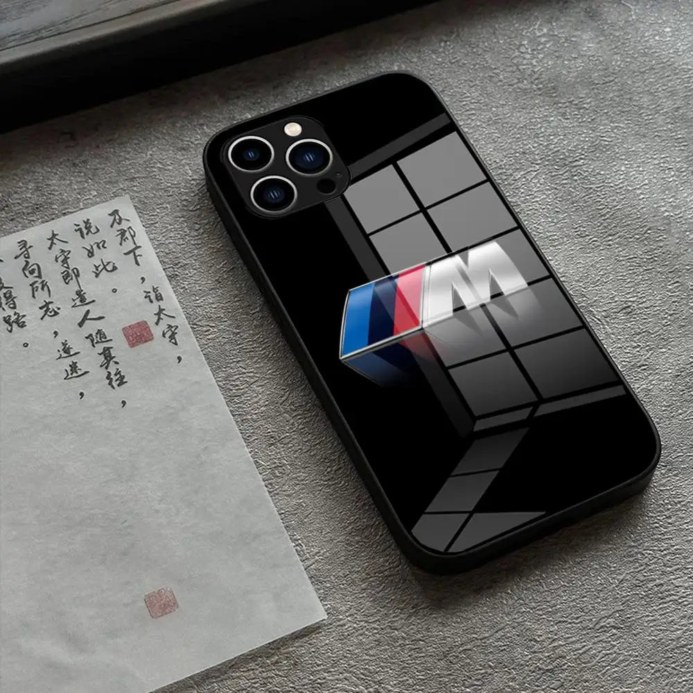 BMW Sports Series Tempered Glass iPhone Case – Premium Shockproof Cover for iPhone 12 to 16 Pro Max