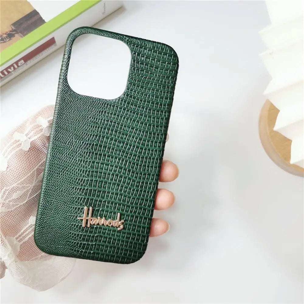 Luxury Lizard Skin Leather iPhone Case – Elegant Hard Shell Cover for iPhone 12 to 16 Pro Max