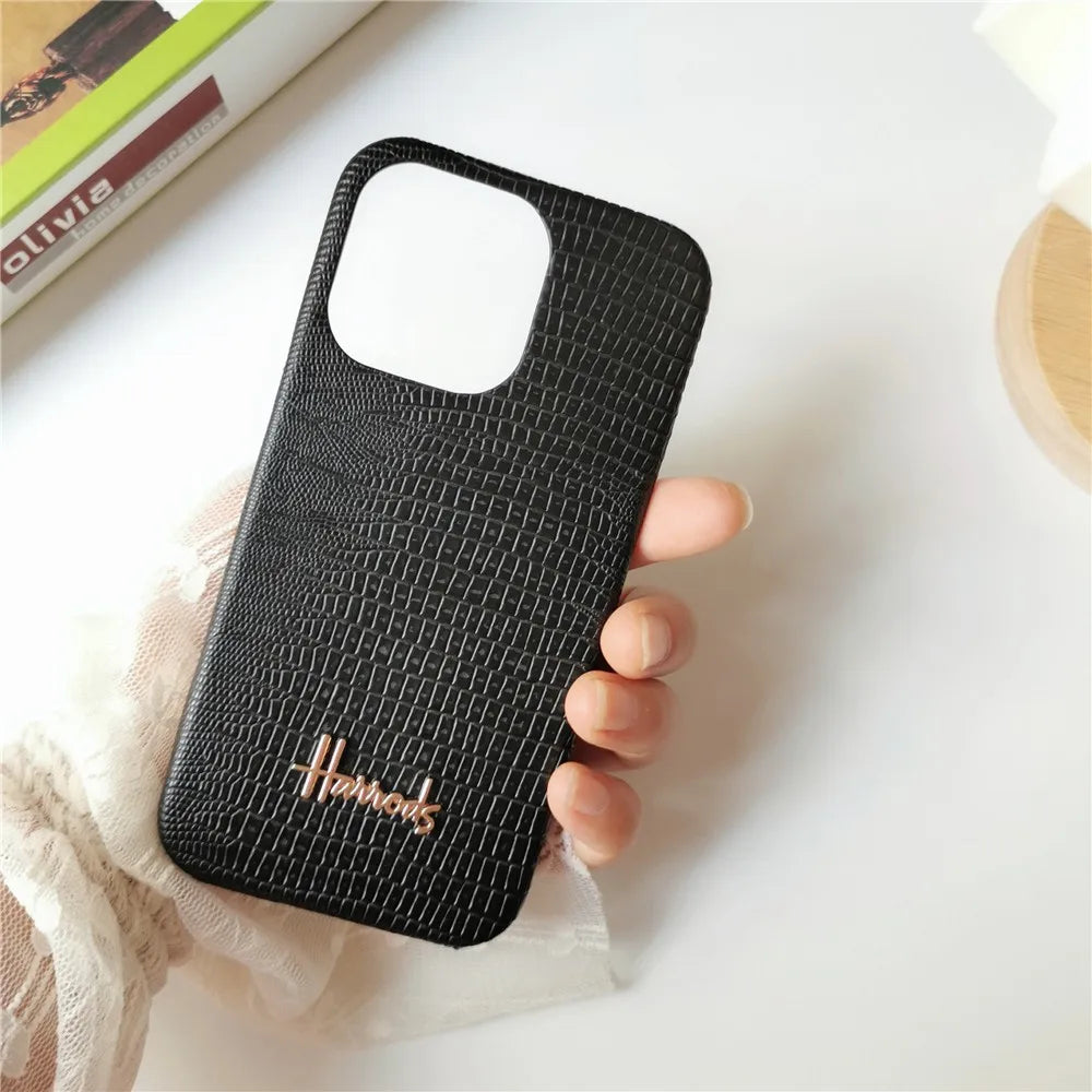 Luxury Lizard Skin Leather iPhone Case – Elegant Hard Shell Cover for iPhone 12 to 16 Pro Max