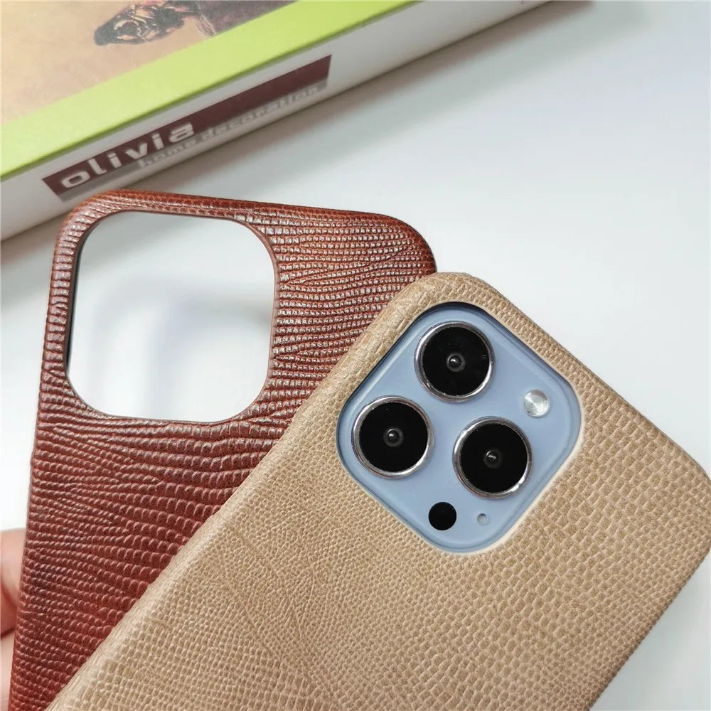 Luxury Lizard Skin Leather iPhone Case – Elegant Hard Shell Cover for iPhone 12 to 16 Pro Max