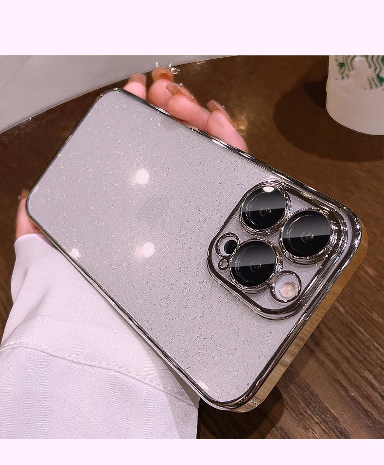Luxury Bling Transparent iPhone Case – Glitter Plated Shockproof Hard Cover for iPhone 12–16 Pro Max