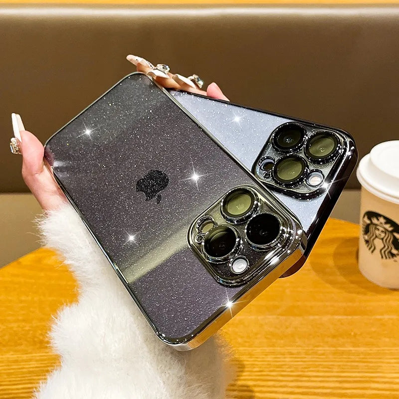Luxury Bling Transparent iPhone Case – Glitter Plated Shockproof Hard Cover for iPhone 12–16 Pro Max