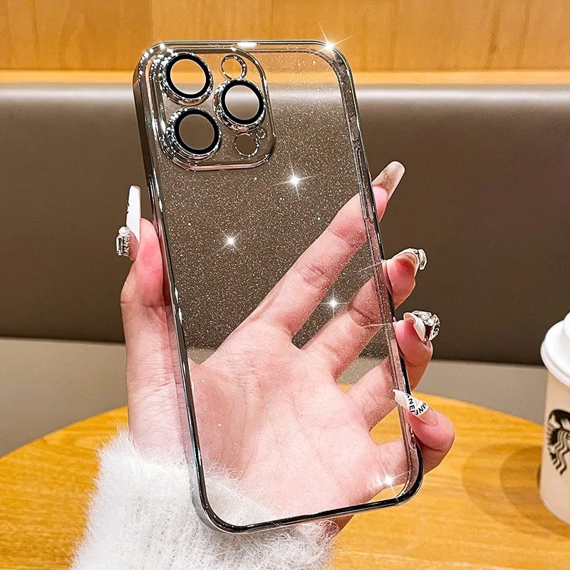 Luxury Bling Transparent iPhone Case – Glitter Plated Shockproof Hard Cover for iPhone 12–16 Pro Max