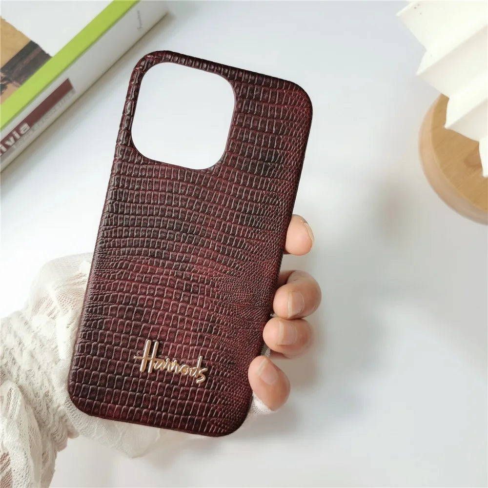 Luxury Lizard Skin Leather iPhone Case – Elegant Hard Shell Cover for iPhone 12 to 16 Pro Max