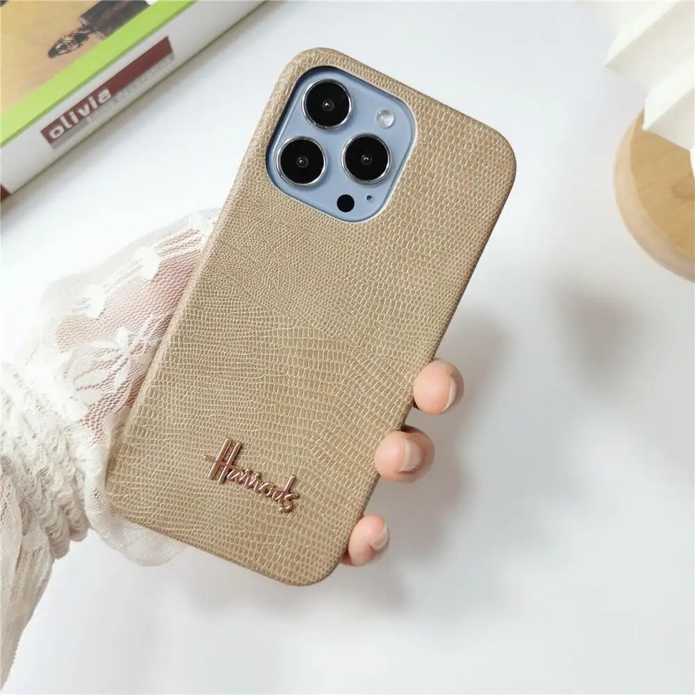 Luxury Lizard Skin Leather iPhone Case – Elegant Hard Shell Cover for iPhone 12 to 16 Pro Max