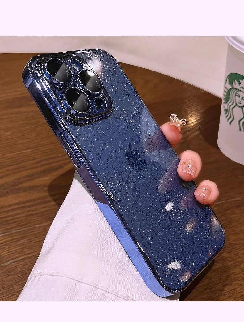 Luxury Bling Transparent iPhone Case – Glitter Plated Shockproof Hard Cover for iPhone 12–16 Pro Max