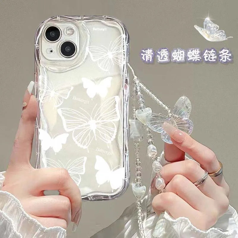 3D Butterfly Charm iPhone Case – Korean Wavy Transparent Cover with Bracelet Chain (iPhone 12–16)