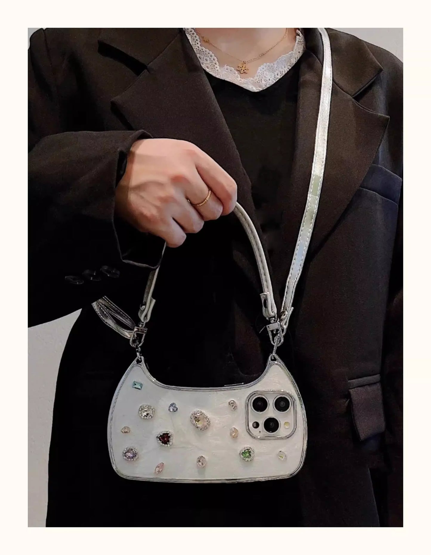 Jewel Mini Bag Case with Rhinestones & Shoulder Straps for iPhone