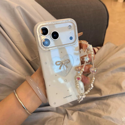 PulseCase™ Pearl Bow iPhone Case – Luxury Heart Charm Design