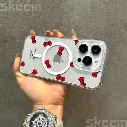 Hello Kitty BowKnot Clear iPhone Case – Magsafe-Ready Hard Cover for iPhone 12 to 16 Pro Max