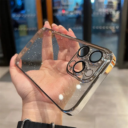 Luxury Bling Transparent iPhone Case – Glitter Plated Shockproof Hard Cover for iPhone 12–16 Pro Max