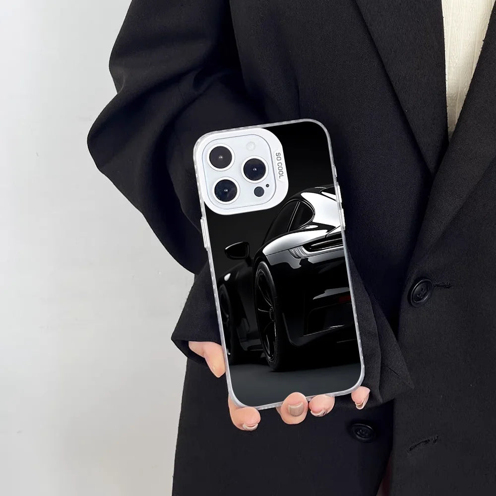 Porsche 911-Inspired Silver iPhone Case – Shockproof Car Design Cover for iPhone 12 to 16 Pro Max