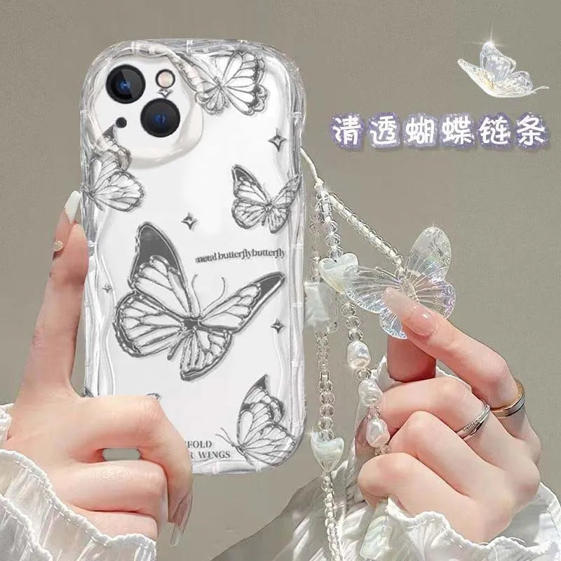 3D Butterfly Charm iPhone Case – Korean Wavy Transparent Cover with Bracelet Chain (iPhone 12–16)