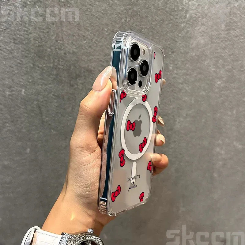 Hello Kitty BowKnot Clear iPhone Case – Magsafe-Ready Hard Cover for iPhone 12 to 16 Pro Max
