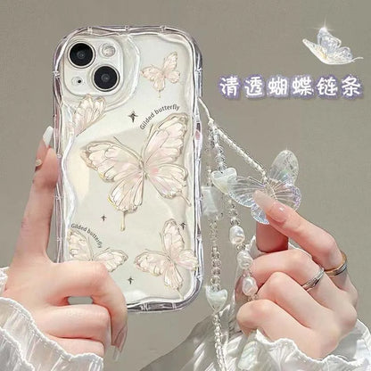 3D Butterfly Charm iPhone Case – Korean Wavy Transparent Cover with Bracelet Chain (iPhone 12–16)