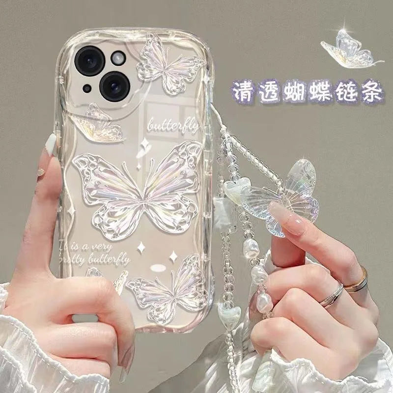 3D Butterfly Charm iPhone Case – Korean Wavy Transparent Cover with Bracelet Chain (iPhone 12–16)