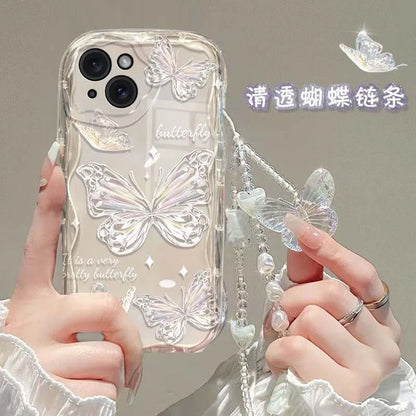 3D Butterfly Charm iPhone Case – Korean Wavy Transparent Cover with Bracelet Chain (iPhone 12–16)