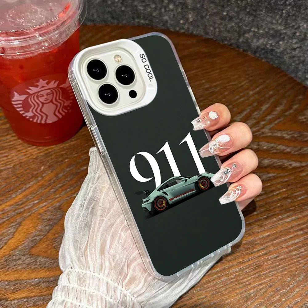 Porsche 911-Inspired Silver iPhone Case – Shockproof Car Design Cover for iPhone 12 to 16 Pro Max