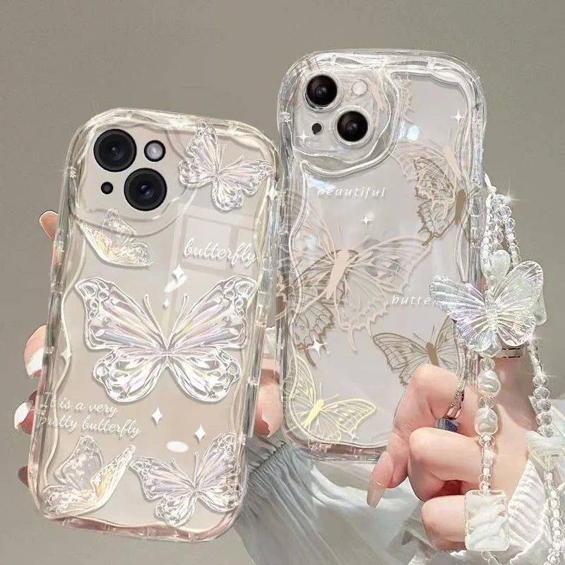 3D Butterfly Charm iPhone Case – Korean Wavy Transparent Cover with Bracelet Chain (iPhone 12–16)