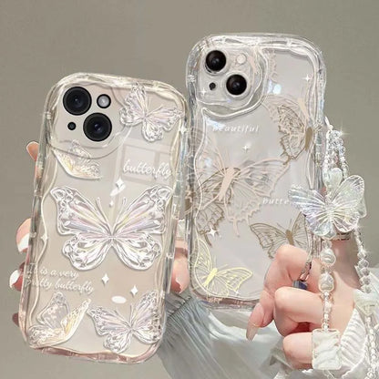 3D Butterfly Charm iPhone Case – Korean Wavy Transparent Cover with Bracelet Chain (iPhone 12–16)
