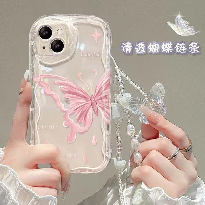 3D Butterfly Charm iPhone Case – Korean Wavy Transparent Cover with Bracelet Chain (iPhone 12–16)