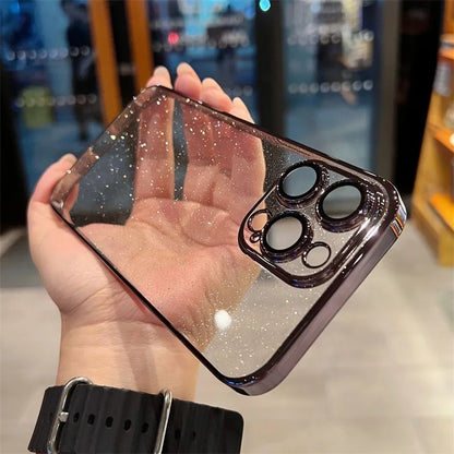 Luxury Bling Transparent iPhone Case – Glitter Plated Shockproof Hard Cover for iPhone 12–16 Pro Max