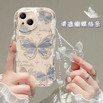 3D Butterfly Charm iPhone Case – Korean Wavy Transparent Cover with Bracelet Chain (iPhone 12–16)