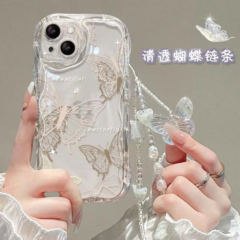 3D Butterfly Charm iPhone Case – Korean Wavy Transparent Cover with Bracelet Chain (iPhone 12–16)