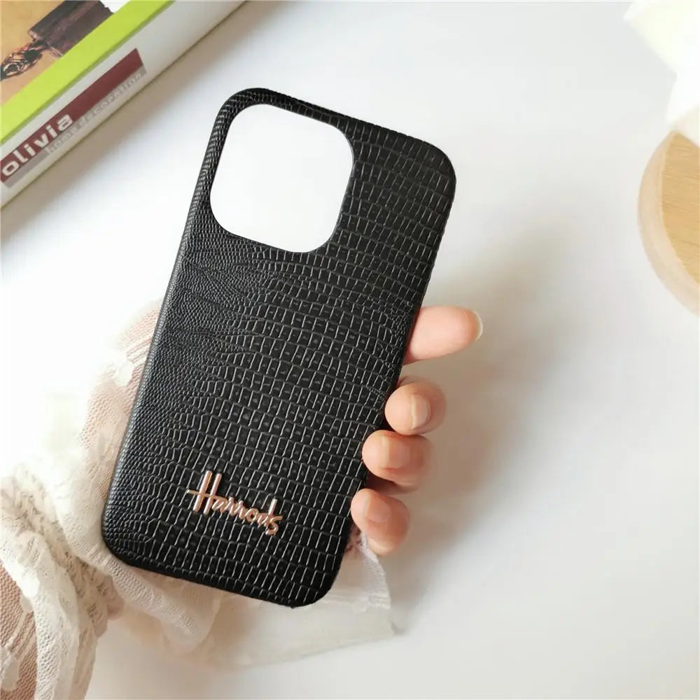 Luxury Lizard Skin Leather iPhone Case – Elegant Hard Shell Cover for iPhone 12 to 16 Pro Max