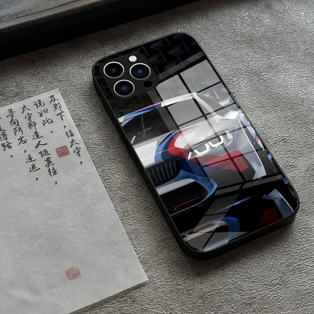 BMW Sports Series Tempered Glass iPhone Case – Premium Shockproof Cover for iPhone 12 to 16 Pro Max