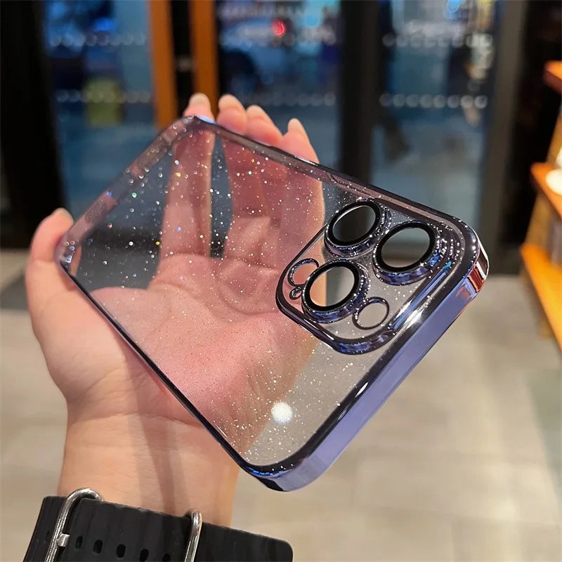 Luxury Bling Transparent iPhone Case – Glitter Plated Shockproof Hard Cover for iPhone 12–16 Pro Max