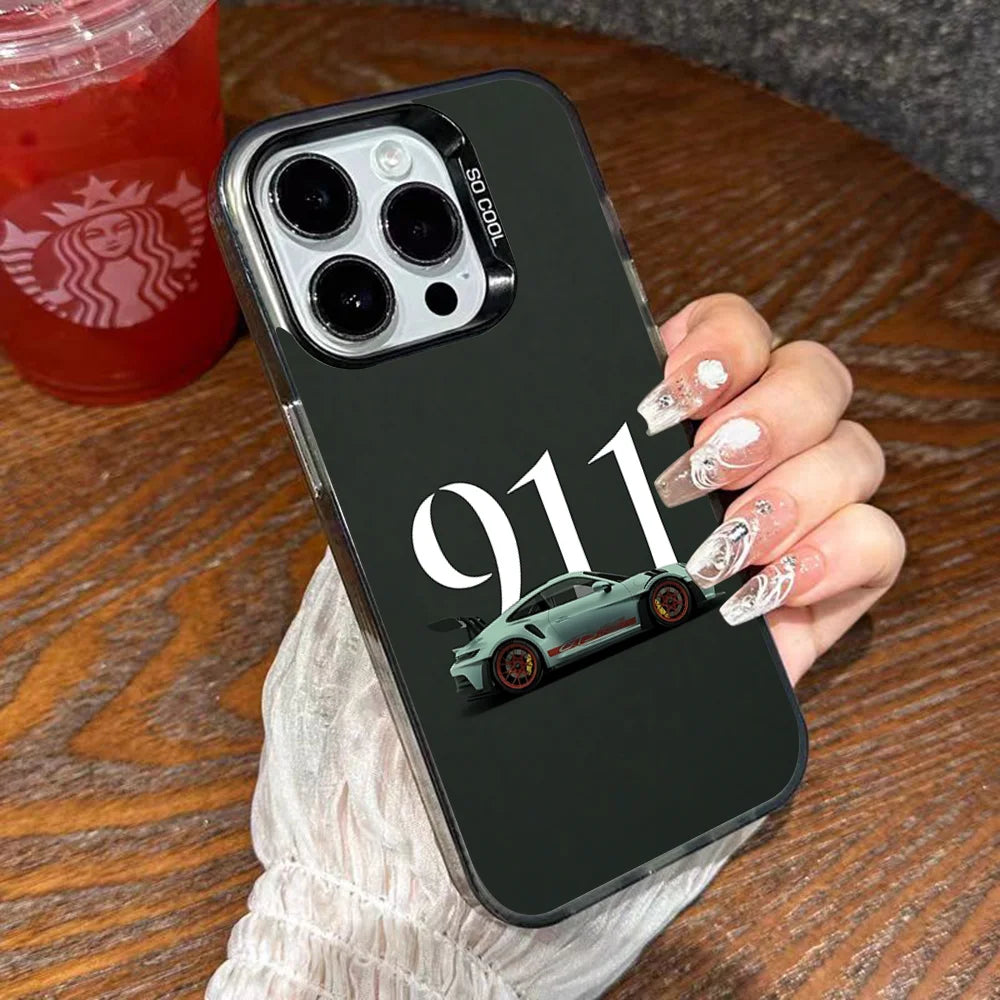 Porsche 911-Inspired Silver iPhone Case – Shockproof Car Design Cover for iPhone 12 to 16 Pro Max