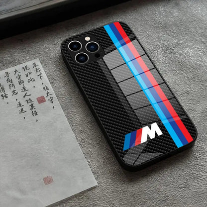 BMW Sports Series Tempered Glass iPhone Case – Premium Shockproof Cover for iPhone 12 to 16 Pro Max