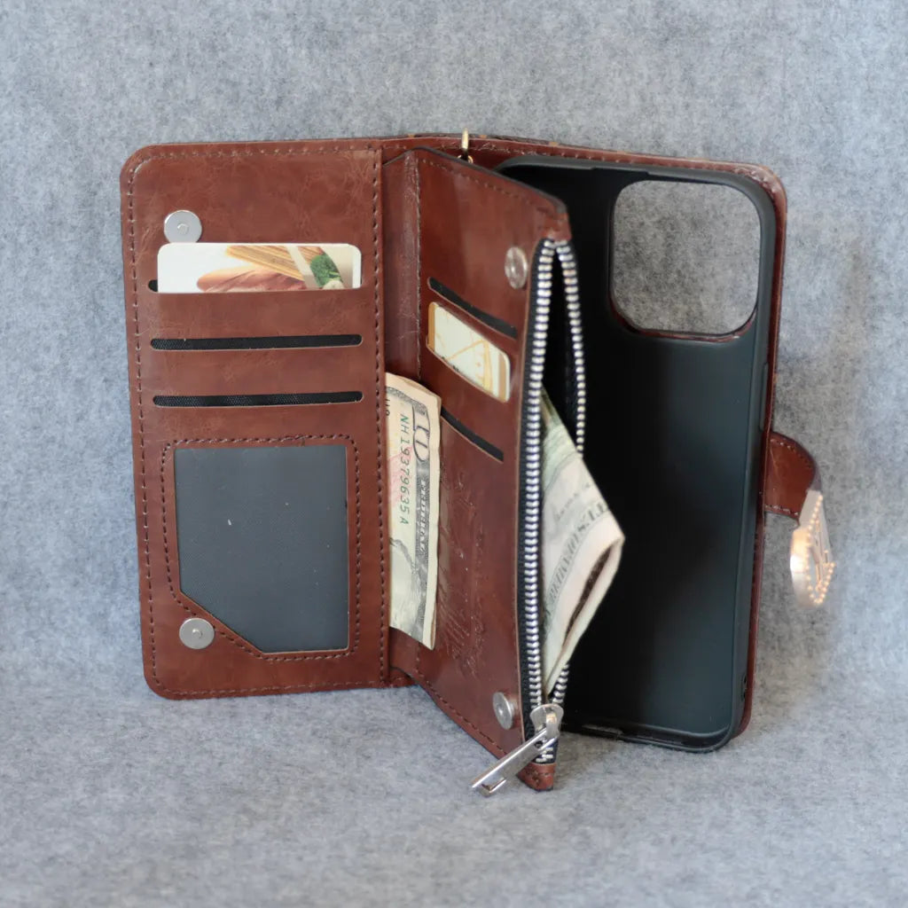 Luxury Wallet Flip iPhone Case with Zipper & Kickstand