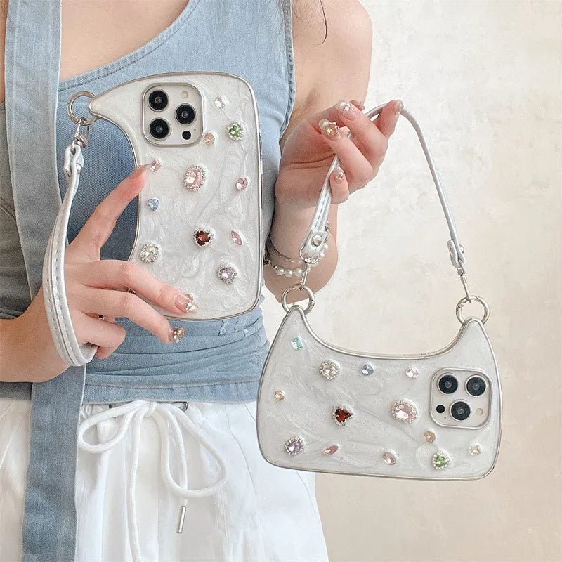 Jewel Mini Bag Case with Rhinestones & Shoulder Straps for iPhone