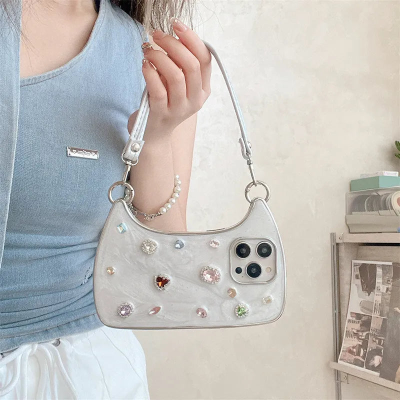 Jewel Mini Bag Case with Rhinestones & Shoulder Straps for iPhone