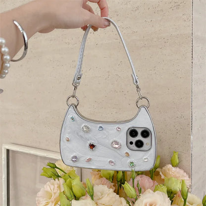 Jewel Mini Bag Case with Rhinestones & Shoulder Straps for iPhone