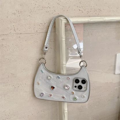 Jewel Mini Bag Case with Rhinestones & Shoulder Straps for iPhone